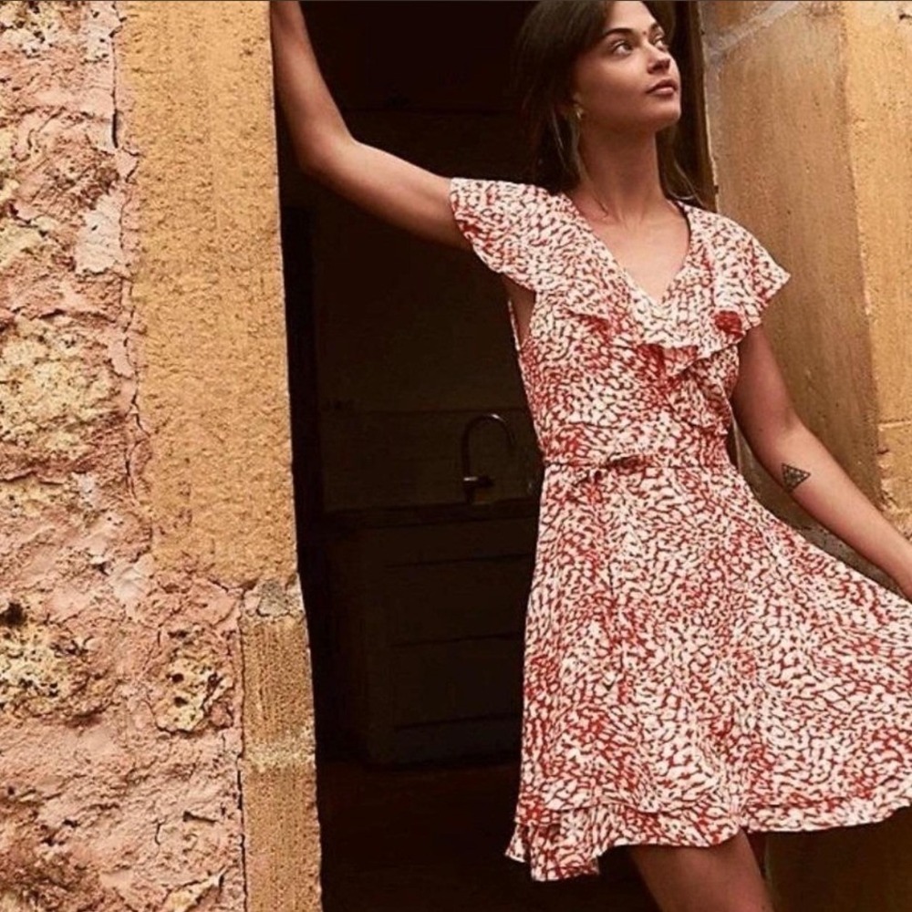 Free People‎ French Quarter Wrap Tie Mini Dress Pop Combo Ruffle Neckline Small